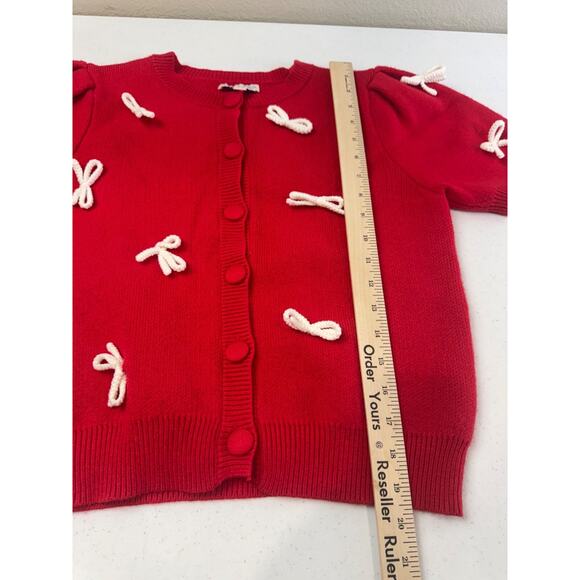 She + Sky Red Knit Short-Sleeve Cardigan Bow Button Front S Cute Preppy - Picture 7 of 8